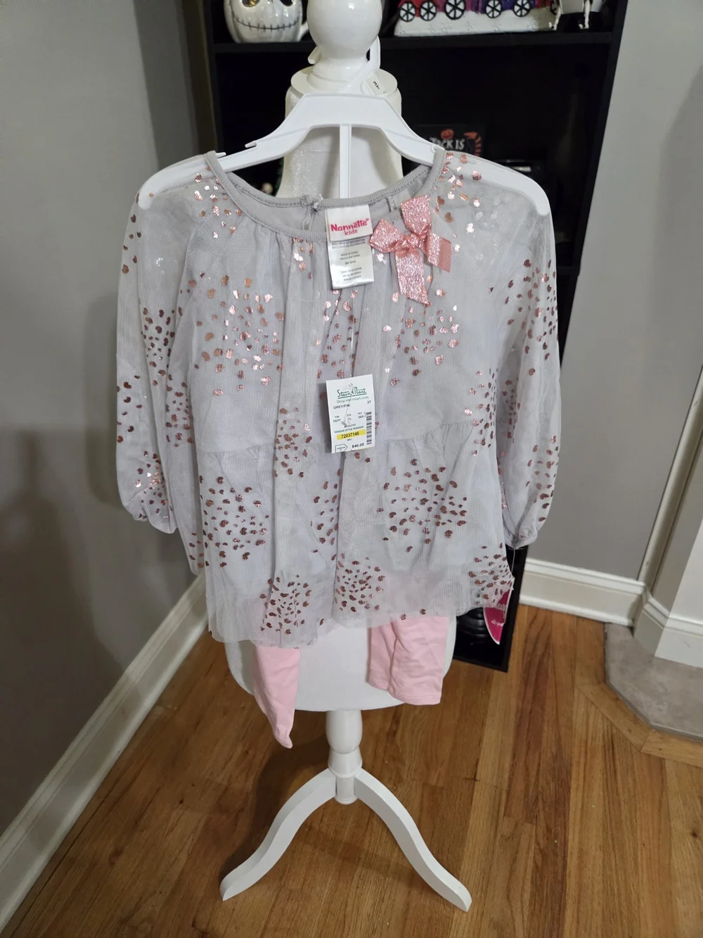 Nannette Girls Gray Blouse with Pink Glitter Accents